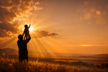 Fototapeta premium Father and child silhouette at golden hour lifting toddler toward sun for Father's Day fatherhood celebration intimate paternal love family bond June appreciation