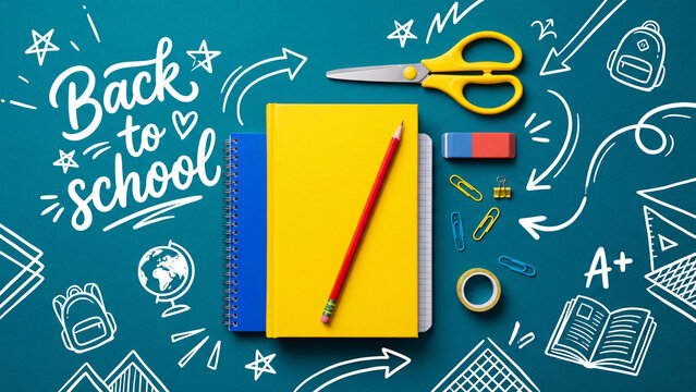 Back to school supplies on teal background with doodles. Education and learning preparation concept for new academic year