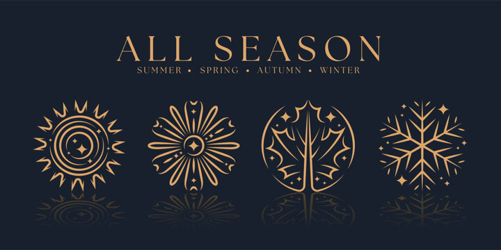 All season - summer sun, spring flower, autumn maple leaf and winter snow with gold smooth curve line and star light sign vector design