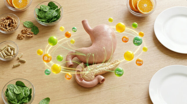 Healthy concept showing pancreas stomach and liver surrounded by vitamins and minerals with fresh food on wooden table promoting nutrition and wellness
