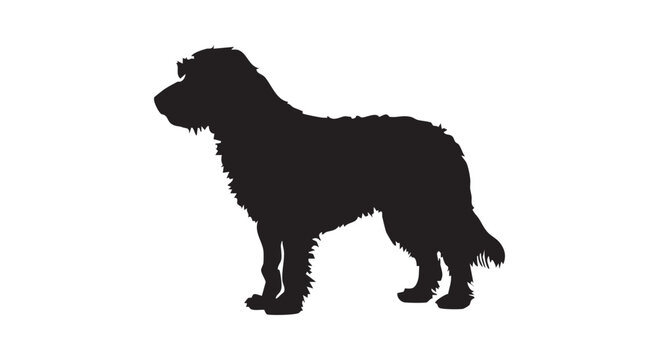 Shaggy dog silhouette of large furry breed standing in profile for canine lovers grooming services and pet shop brands.