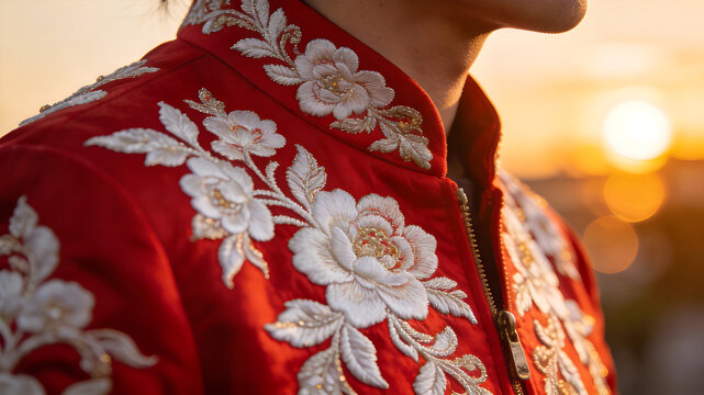 Closeup of red jacket with floral embroidery ideal for sleek commercial backgrounds and title sequences