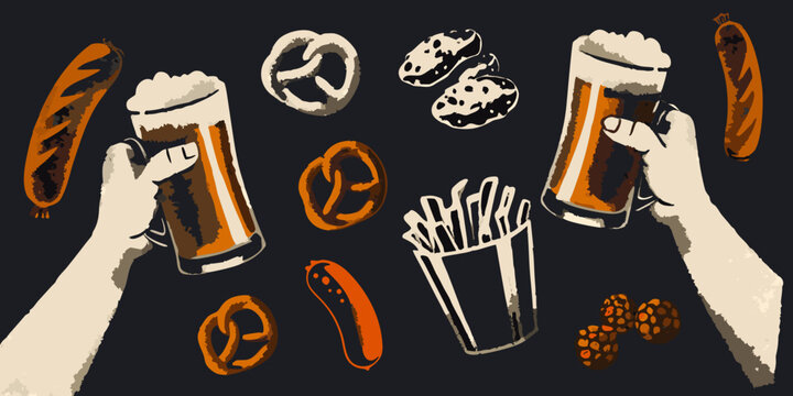 vector collage of beer pretzels sausage and fries on black