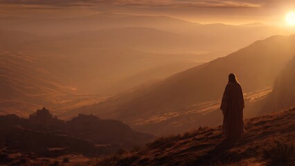Obraz premium Person standing on mountain peak at sunrise.