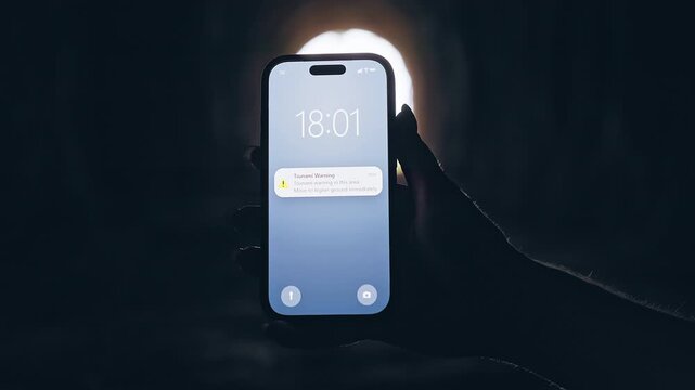 Smartphone Displaying Tsunami Warning Notification Inside Dark Tunnel, Cinematic Disaster Alert Scene About Natural Catastrophe and Emergency Evacuation