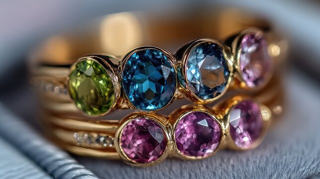 Colorful gemstone birthstone rings set on fabric with soft natural light