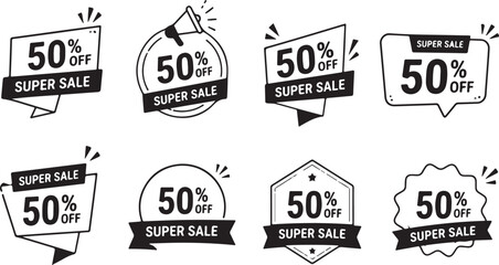 Obraz premium Fifty percent discount badge icon set shopping sale symbols collection with commercial offer label graphics design