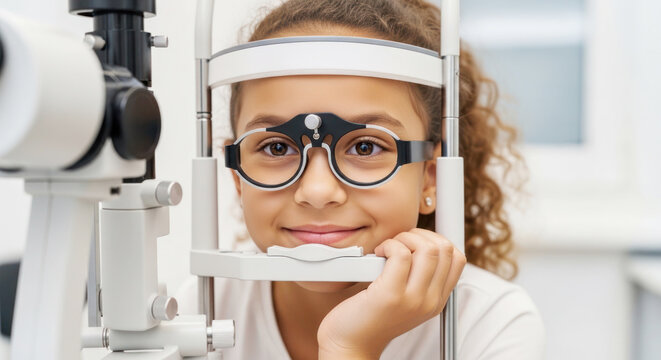 Young girl wearing glasses during an eye examination, sitting in an optometry clinic with equipment visible in the background