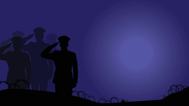 Silhouette of soldiers saluting against a dark blue background with copy space for Memorial Day or Veterans Day theme