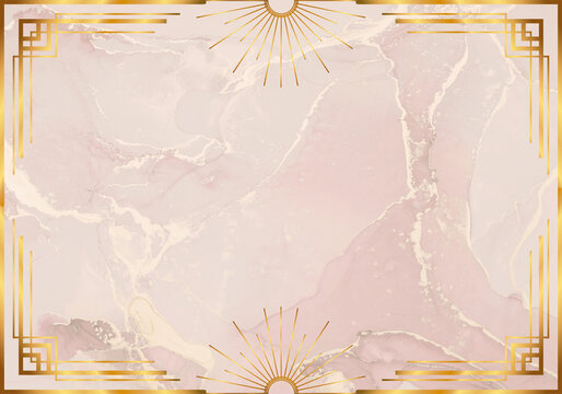 Fondo de lujo en oro rosa y cuarzo con marcos geom&eacute;tricos Art D&eacute;co y destellos de sol