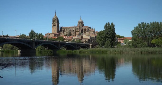 The impressive silhouette of Salamanca in Spain, right on the banks of the Tormes River