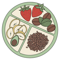 Illustrated breakfast plate with fruits coffee beans avocado mint leaves sectioned plate © Mon