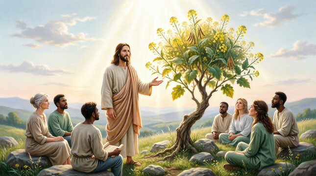 Jesus reveals mustard seed faith to eager crowds in golden ancient Christian art.