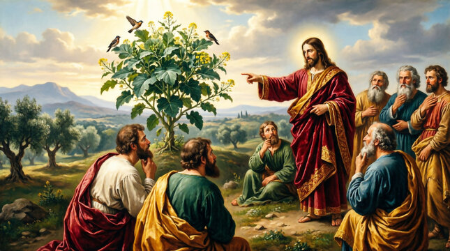 Jesus reveals mustard seed faith to eager crowds in golden ancient Christian art.
