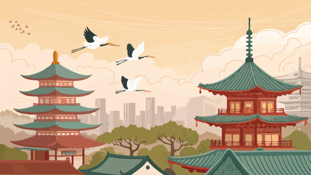 Illustration of asian pagodas with cranes flying overhead in a cityscape