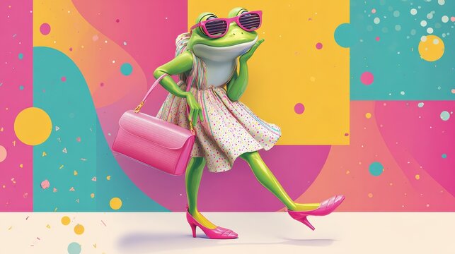 Cute feminine frog mascot illustration, vibrant green frog standing on two legs, pink shoes, pink handbag, shy walk