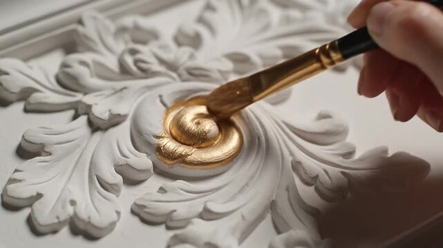 Painting a white plaster relief with gold paint, a young woman with fair skin carefully gilds an ornate floral molding.