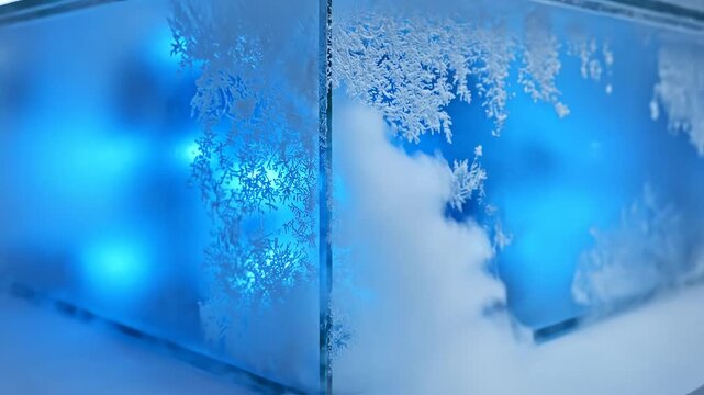 Clouds in a glass box with blue light emphasizing sleek aesthetics and strong visual impact