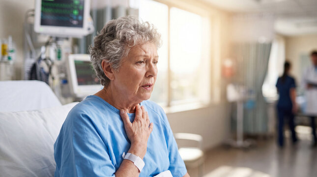 Elderly woman clutching throat in hospital bed. Senior patient suffering asthma attack. Respiratory distress and breathing difficulty in medical care setting
