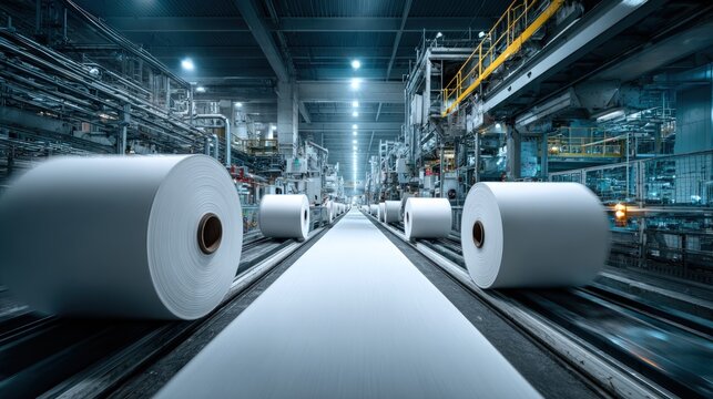 Massive rolls of paper on automated assembly line in modern industrial facility.