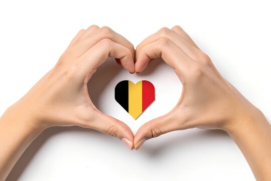 Hands forming a heart shape around a small heart icon featuring the national flag of Belgium in this symbolic studio photograph expressing love and strong patriotic support for the nation