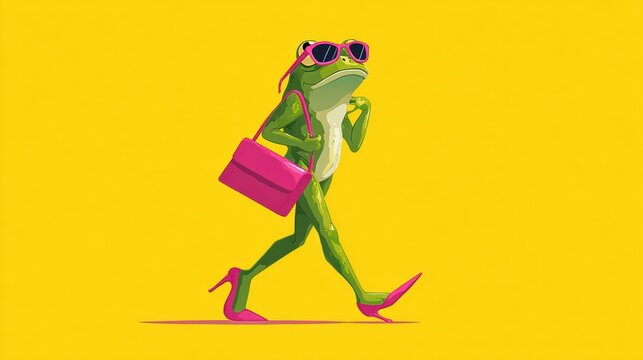 Stylish frog mascot illustration, green frog walking upright like a girl, pink shoes, pink purse, shy elegant walking pose, sunglasses, vibrant flat illustration