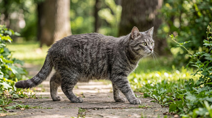 A vibrant grey tabby cat with intricate stripes and alert green eyes walking confidently on a dirt path in a lush green. © Laura