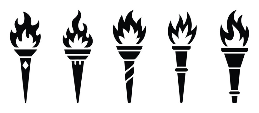Fire Flame Torch Icon Vector with Burning Light and Holding Stick, Silhouette Symbol for Victory, Success and Achievement Design