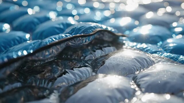 Closeup of blue quilted fabric with water droplets symbolizing dynamic movement and artistic expression