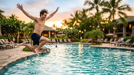 Naklejka premium Happy man jumping into a luxury resort swimming pool during golden hour
