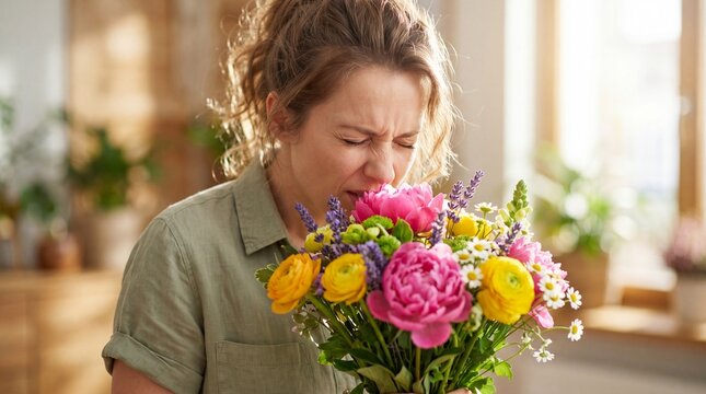 Woman sniffing vibrant flower bouquet with squinted eyes and wrinkled nose. Allergic reaction to pollen illustration. Awareness concept for world asthma day and allergy prevention campaigns
