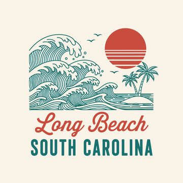 Long Beach South Carolina souvenir. Surf apparel print design for t shirt. Tropical island with palm trees and ocean waves illustration. Retro vintage line art vector design.