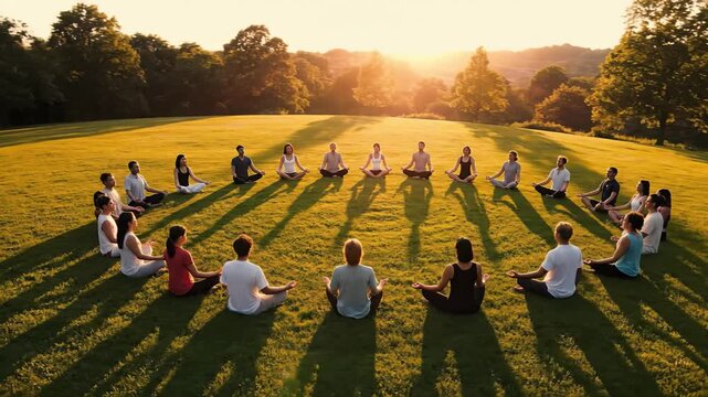 In a serene landscape bathed in warm sunlight, a group of individuals sits in a circular formation practicing meditation.