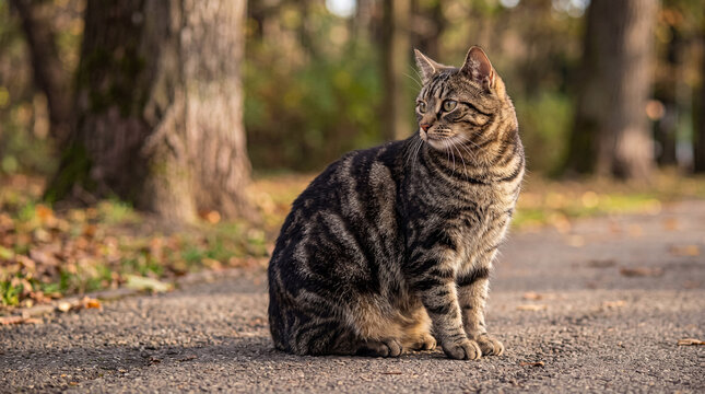 Photograph of a brown tabby cat sitting attentively on an asphalt path in a peaceful, sunlit autumn park.