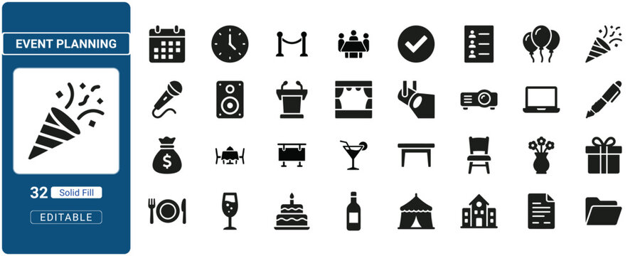 Event planning icon set party celebration and logistics glyph collection