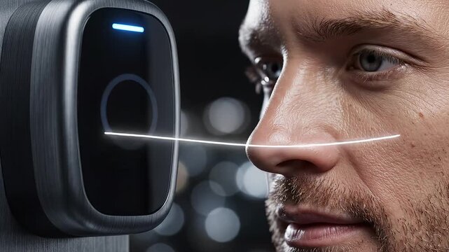 Man using facial recognition device symbolizing digital transformation and future innovation
