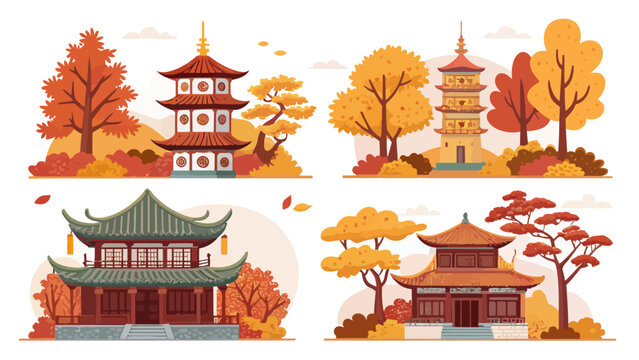 Autumn scenery with asian pagodas and trees in colorful fall foliage