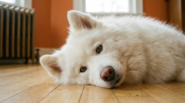 Dog heat stroke. dog heat stroke tired pet lying indoor hardwood floor home summer panting white. Exhaustion health, pet cooling prevention, high temperature care dehydration, hot, water, summer