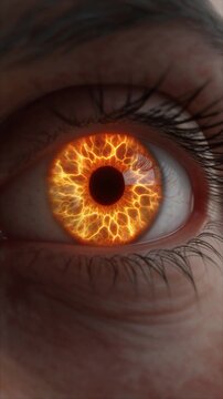 Closeup of human eye opening with vibrant glowing fiery iris effect, symbolizing intense emotion, power, and transformation, cinematic motion