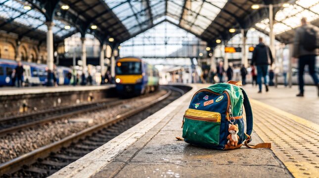 Colorful childs backpack left alone on train platform at busy station. Symbol of abandoned belongings evoking missing child concern. Awareness concept for international day of missing children