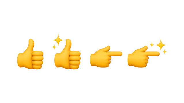 Yellow hand emoji set with thumbs up and pointing gestures isolated on transparent background
