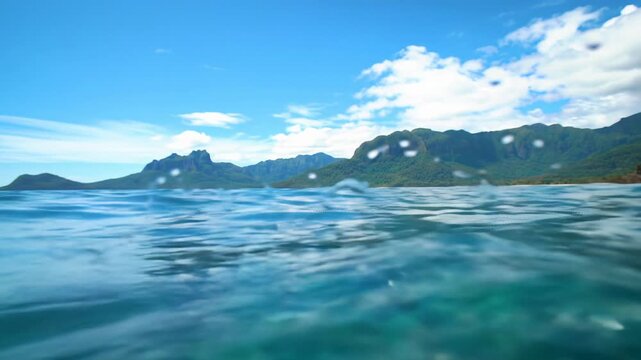 A hyperrealistic split view video: azure tropical ocean meets lush emerald mountains under cerulean sky, with bubbles ascending in deep sapphire water. Serene tropical paradise atmosphere