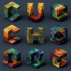 Obraz premium Abstract Isometric Alphabet Letters Composed of Intricate Geometric Mosaic Patterns and Vibrant Artistic Textures