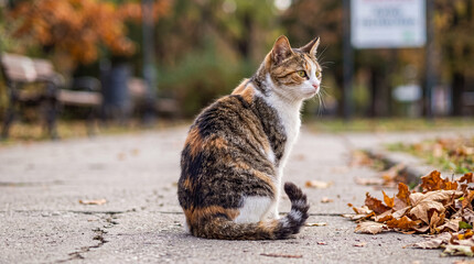A beautiful calico cat with striking markings sitting on a cracked paved path during an autumn day. © Mary