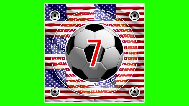 A dynamic 10 to 0 sports countdown animation featuring a big red number with white stroke over a rotating soccer ball. The background consists of a waving USA flag pattern inside a circular border, is