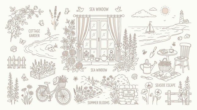 Charming Cottage Garden and Seaside Escape Illustrations in a Delicate Line Art Style.