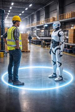 The Cobot Labor Rights Act Proximity Rights April 18 South Korea human worker and humanoid robot maintaining glowing safety zone in warehouse cobots workplace safety labor laws