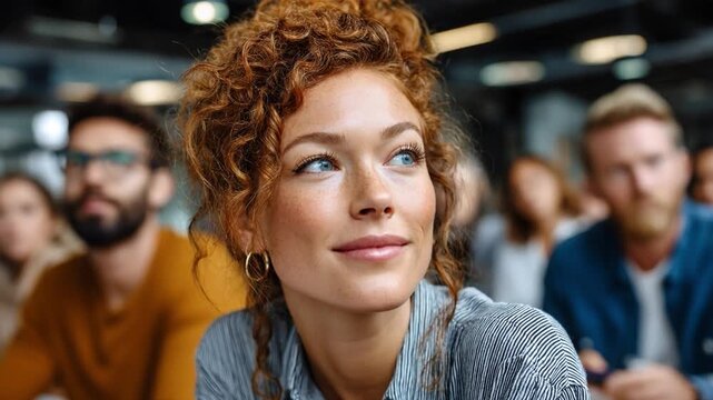 Curious Woman in a Seminar: A young woman with striking curly red hair and an inquisitive gaze attentively listens in a seminar, surrounded by blurred faces of fellow attendees.