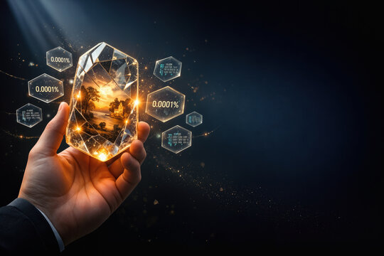 Hand holding luminous fractured glass shard with miniature glowing oil painting and floating blockchain fractional ownership hex tiles NFT 2.0 art investment tokenization