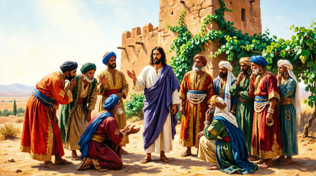 Jesus teaches the landowner parable to humble vineyard workers in radiant sunlight.